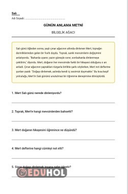 GÜNLÜK OKUMA ANLAMA ÇALIŞMA KAĞIDI _Salı