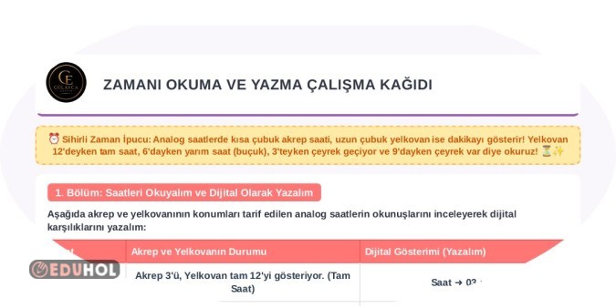 Zamanı Okuma ve Yazma çalışma kağıdı