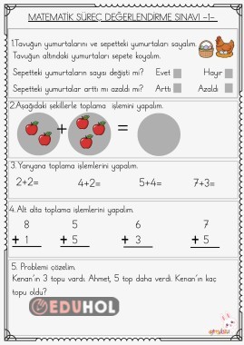 1.Sınıf Matematik Süreç Değerlendirme Sınavı
