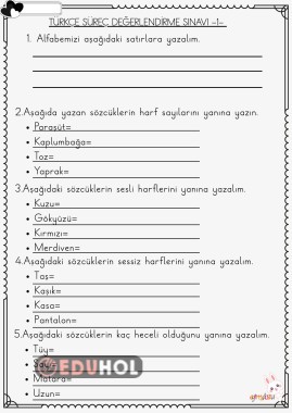 1.Sınıf Türkçe Dersi Süreç Değerlendirme Sınavı 1