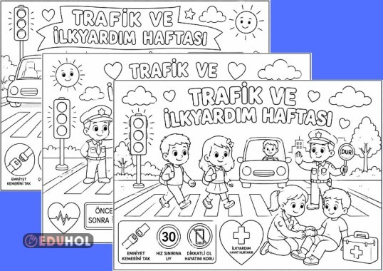 Trafik ve İlk Yardım Haftası konulu boyama sayfaları ✔️