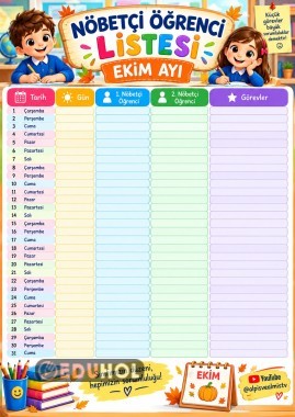 🍂 Nöbetçi Öğrenci Listesi – Ekim Ayı