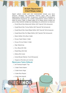 3.Sınıf İhtiyaç Listesi