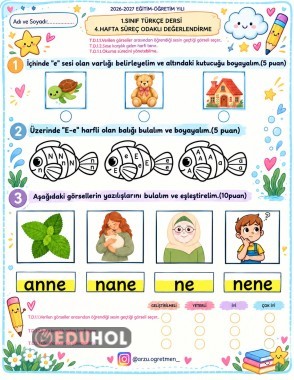 1.sınıf 4.hafta süreç odaklı değerlendirme