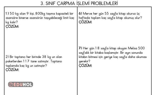 3. SINIF ÇARPMA İŞLEMİ PROBLEMLERİ