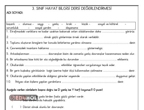 3. SINIF HAYAT BİLGİSİ DERSİ 1. DEĞERLENDİRME