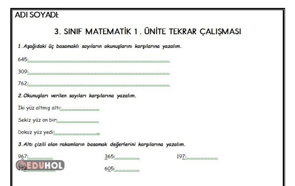 3. SINIF MATEMATİK DERSİ 1. ÜNİTE DEĞERLENDİRME ÇALIŞMASI
