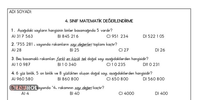 4. SINIF MATEMATİK DEĞERLENDİRME ÇALIŞMASI