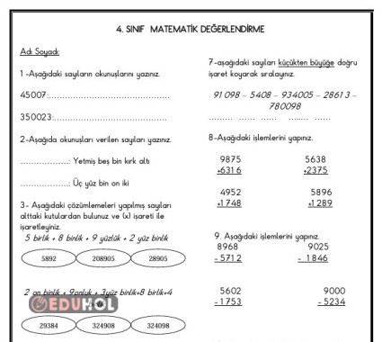 4. SINIF MATEMATİK DEĞERLENDİRME
