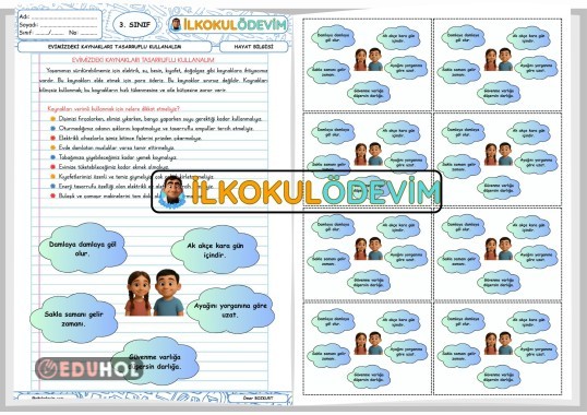 Hayat Bilgisi Evimizdeki Kaynakları Tasarruflu Kullanalım Defter Notu