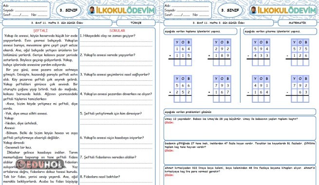 Türkçe-Matematik 11. Hafta 3. Gün Günlük Ödev