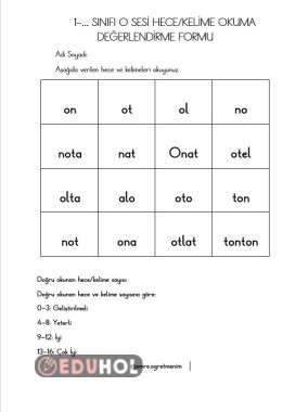 O Sesi Hece/Kelime Okuma Tablosu (Süreç Değerlendirme Olarak Kullanılabilir)