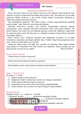 ''Defne'nin Gözünden Dünya'' Okuma Anlama