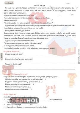 ''Küçük Bir Işık'' 29 Ekim Okuma Anlama 2. Hikaye