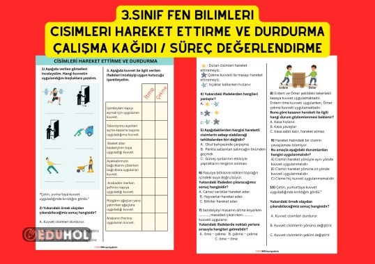 3.SINIF FEN BİLİMLERİ CİSİMLERİ HAREKET ETTİRME VE DURDURMA ÇALIŞMA KAĞIDI / SÜREÇ DEĞERLENDİRME