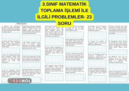 3.SINIF MATEMATİK TOPLAMA İŞLEMİ İLE İLGİLİ PROBLEMLER - 23 PROBLEM