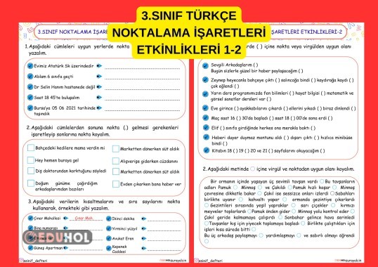 3.SINIF TÜRKÇE NOKTALAMA İŞARETLERİ ETKİNLİKLERİ 1-2 NOKTA VE VİRGÜL