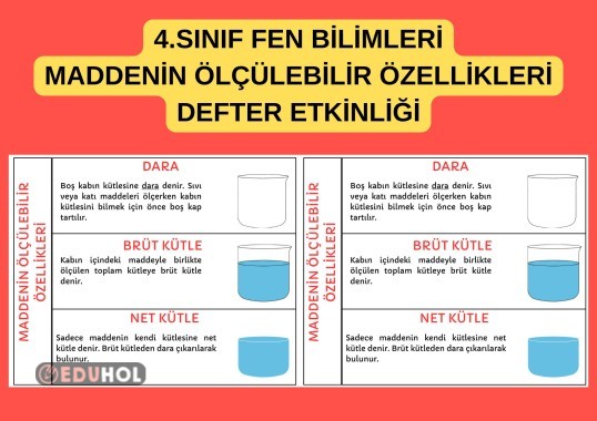 4.SINIF FEN BİLİMLERİ - MADDENİN ÖLÇÜLEBİLİR ÖZELLİKLERİ - NET BRÜT KÜTLE DARA - DEFTER ETKİNLİĞİ