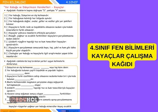 4.SINIF FEN BİLİMLERİ YER KABUĞU VE DÜNYAMIZIN HAREKETLERİ KAYAÇLAR ÇALIŞMA KAĞIDI ETKİNLİK