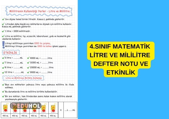 4.SINIF MATEMATİK SIVI ÖLÇME  LİTRE VE MİLİLİTRE  DEFTER NOTU VE ETKİNLİK