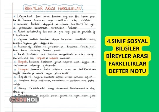 4.SINIF SOSYAL BİLGİLER BİREYLER ARASI FARKLILIKLAR / FARKLILIKLARA SAYGI DEFTER NOTU