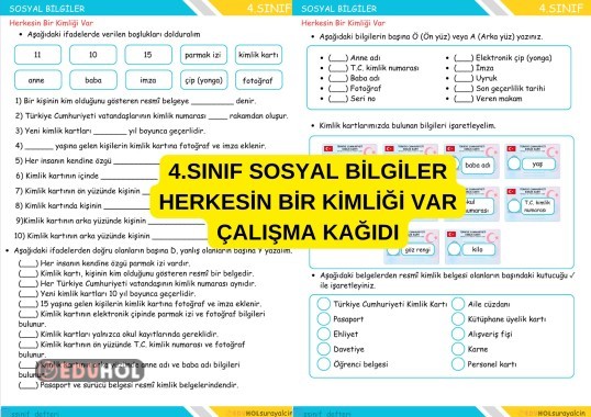 4.SINIF SOSYAL BİLGİLER HERKESİN BİR KİMLİĞİ VAR ÇALIŞMA KAĞIDI