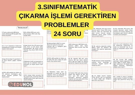 ÇIKARMA İŞLEMİ GEREKTİREN PROBLEMLER 24 SORU