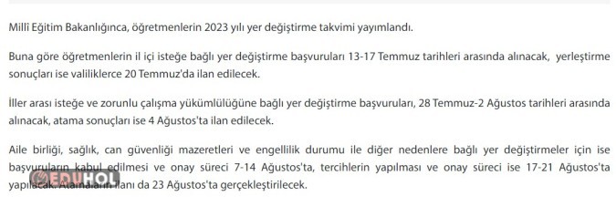 Öğretmenlerin il içi, iller arası isteğe bağlı yer değiştirme başvuruları ile zorunlu çalışma yükümlülüğü ve mazerete bağlı yer değiştirme takvimi ilan edildi.