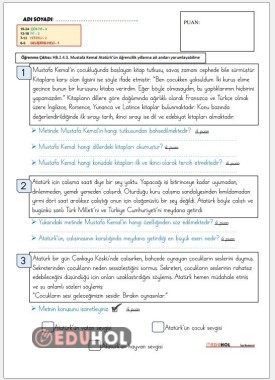 HB 4. Tema SÜREÇ DEĞERLENDİRME Mustafa Kemal'in Anıları