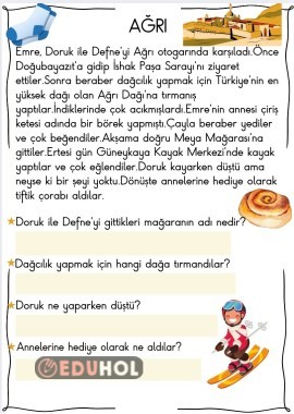 2.sınıf Okuma anlama metni Ağrı ilimiz