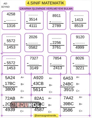 4. Sınıf Matematik Çıkarma İşleminde Verilmeyeni Bulma