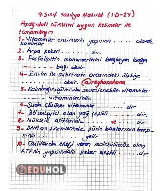 9. SINIF BİYOLOJİ 1.D -1Y ÖRNEKLERİ