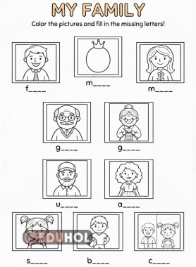 ENG 3.2. My Family - Coloring & Missing Letters Worksheet