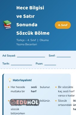 Hece Bilgisi ve Satır Sonu Sözcük Bölme – 4. Sınıf Çalışma Sayfası