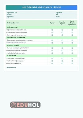 1.Sınıf  harf öğretim sonrası mini kontrol listesi