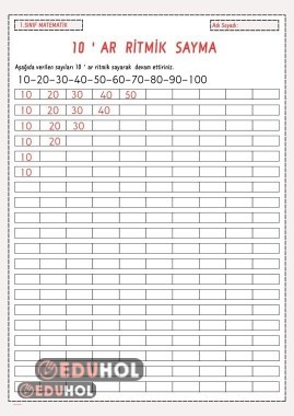 10 'ar Ritmik Sayma Çalışma Sayfası