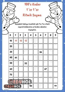 100'e Kadar 1'er Ritmik Sayma Çalışma Sayfası