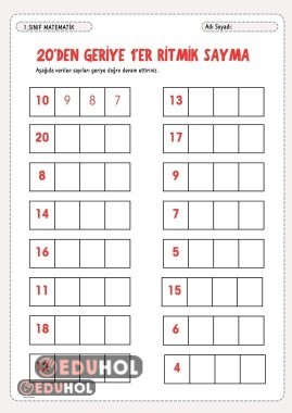 20'den Geriye 1'er Ritmik Sayma Çalışma Sayfası