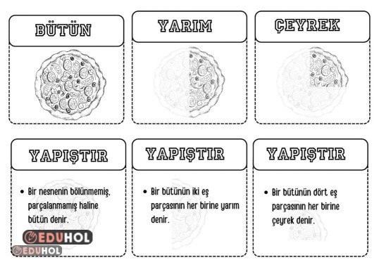 Kesirler Bütün Yarım Çeyrek interaktif defter çalışması renksiz