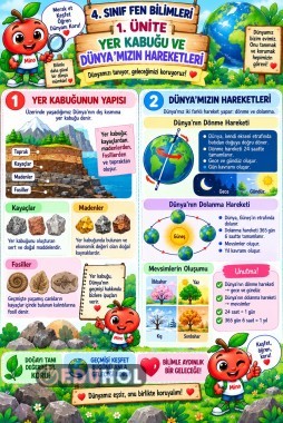 🌍 4. Sınıf Fen Bilimleri – 1. Ünite 🌎 Yer Kabuğu ve Dünya’mızın Hareketleri poster