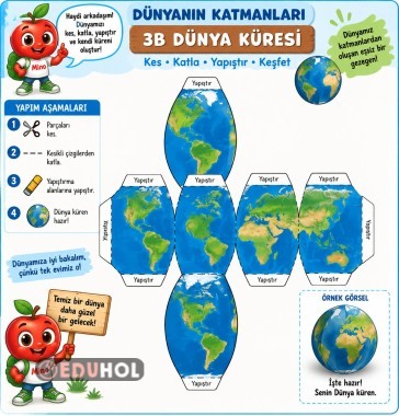 🌍 Dünyanın Katmanları – 3B Dünya Küresi Etkinliği 🍎✂️