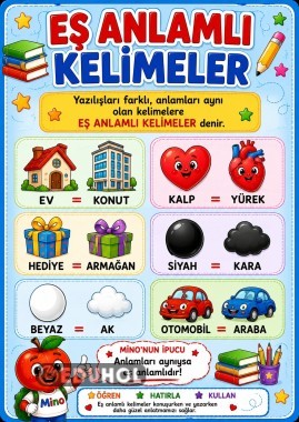 ✨ Mino ile Eş Anlamlı Kelimeler çalışma sayfaları hazır!