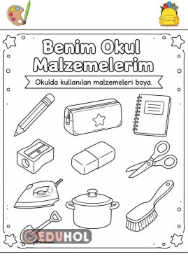 Okul araç gereçlerini ayırt edip boyama