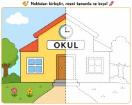 Okul görseli nokta birleştirme ve boyama tamamlama