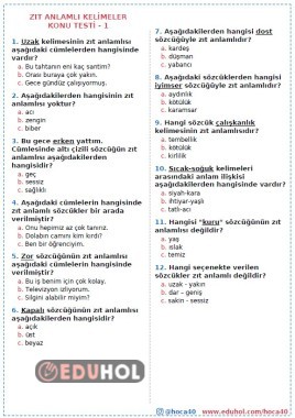 ZIT ANLAMLI KELİMELER KONU TESTLERİ 1-2-3