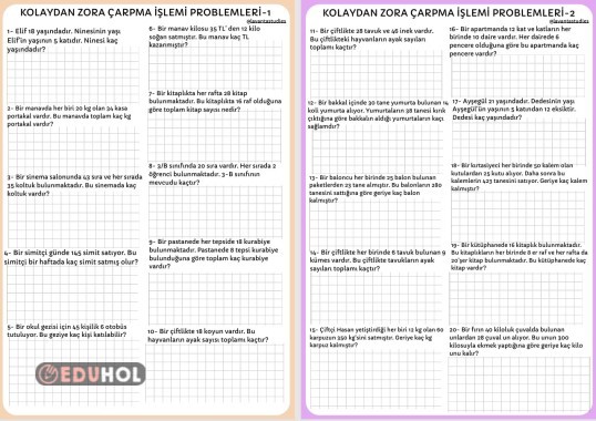 3.Sınıf Kolaydan Zora Çarpma İşlemi Problemleri 1-2
