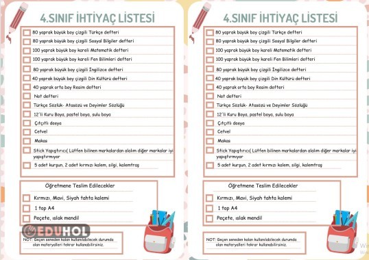 4.sınıf İhtiyaç Listesi