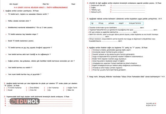 SOSYAL BİLGİLER 1. ÜNİTE DEĞERLENDİRMESİ (WORD)