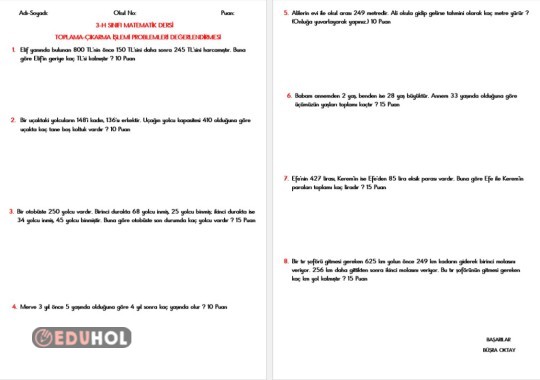 TOPLAMA-ÇIKARMA İŞLEMİ PROBLEMLERİ DEĞERLENDİRMESİ ( Kayra Aydın yazı fontu ile)