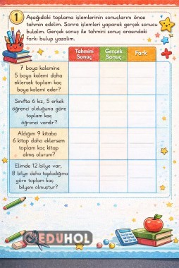 1 sınıf toplama işleminin sonucunu tahmin etme etkinliği